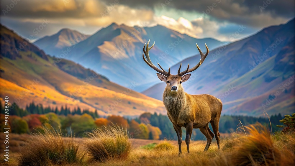 Fototapeta premium nature, wilderness,majestic, autumn, landscape, deer stag, panoramic, Majestic red deer stag standing in a picturesque autumn fall landscape with mountains in the background