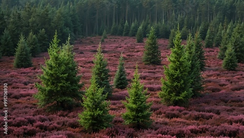 Heather-covered forest near Borne Sulinowo, Poland. photo