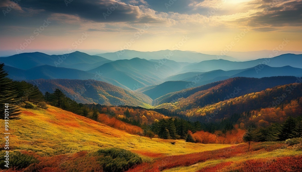 Fototapeta premium Beautiful scenery depicting the blue ridge mountains with rolling hills and breathtaking valleys. Photography ideas, blue ridge range, picturesque views, rolling hilly areas, valleys