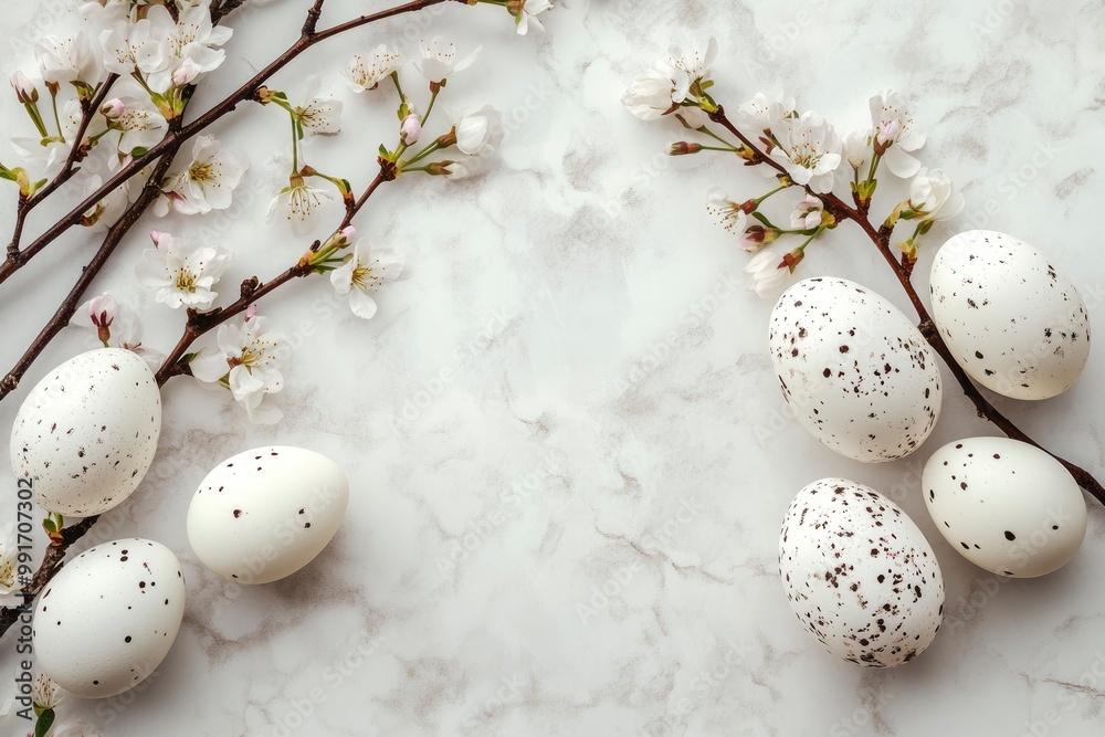 Obraz premium Easter background with white eggs and cherry blossom branches on a light background .geneative ai