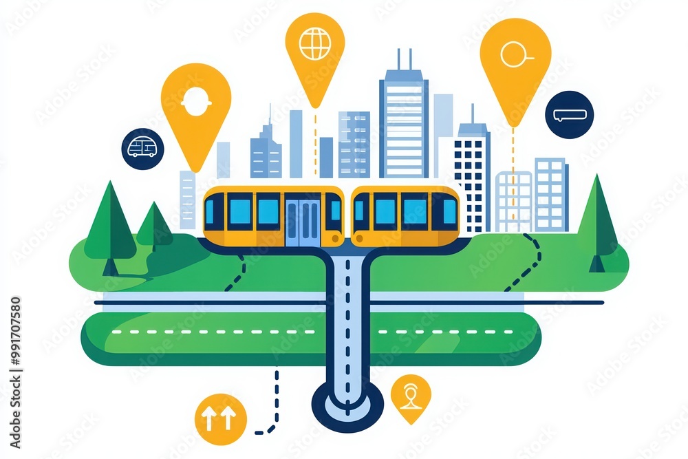 Obraz premium Illustration of a train with a city background and location markers.