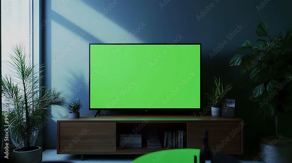 Modern TV with Blank Green Screen Ready for Custom Content Modern TV with Blank Green Screen Ready for Custom Content