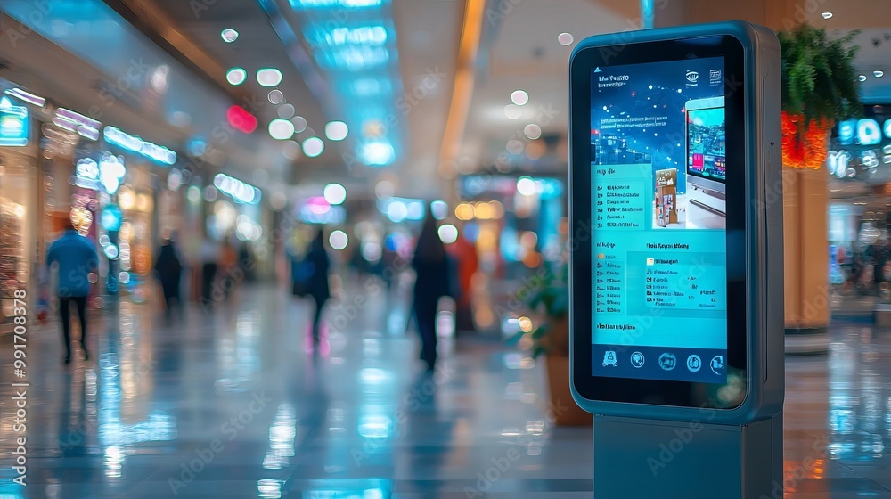 Digital signage in modern shopping mall with people walking and blurred background Digital signage in modern shopping mall with people walking and blurred background