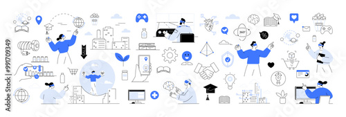 AR gaming, VR training, and smart technology. Features virtual interfaces, modern icons, and human figures interacting with digital environments. Mixed reality and virtual reality glasses
