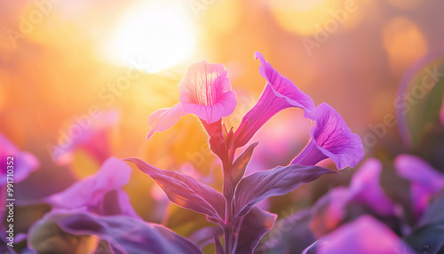 Impressionante flor Strobilanthes callosa iluminada pelo pôr do sol, Strobilanthes callosa, flor, pôr do sol, rosa, roxo, natureza photo