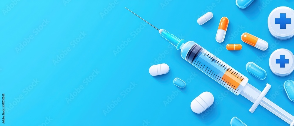 Syringe with pills on blue background, medical concept. Syringe with pills on blue background, medical concept.