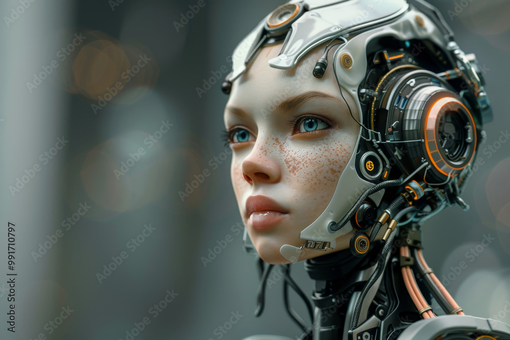A woman with a robotic head and a blue eye A woman with a robotic head and a blue eye