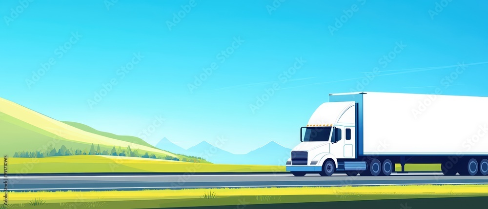 Truck driving on highway against a scenic landscape with mountains and blue sky. Truck driving on highway against a scenic landscape with mountains and blue sky.