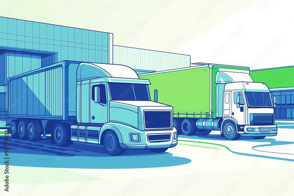 Fototapeta premium Two delivery trucks parked outside modern warehouse, colorful graphic design.