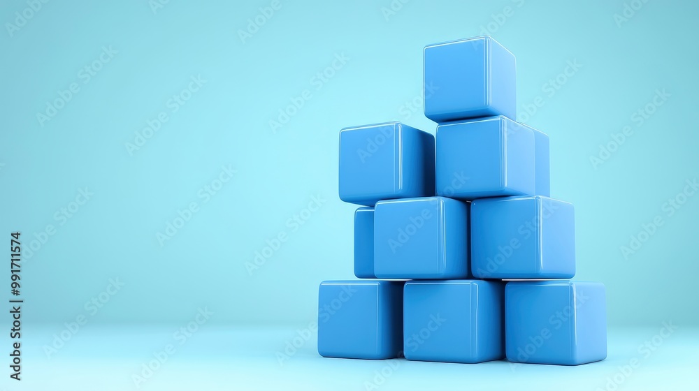 Abstract Blue Cubes Stacked on Light Blue Background Abstract Blue Cubes Stacked on Light Blue Background