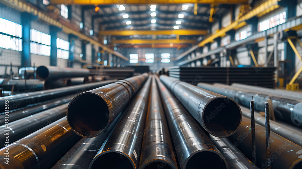 A collection of metal pipes organized in a factory environment