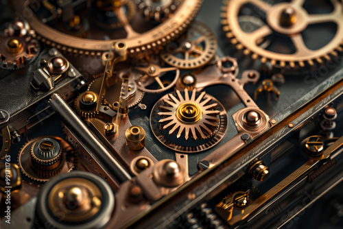 A close up of a clock with many gears and a gold and silver finish