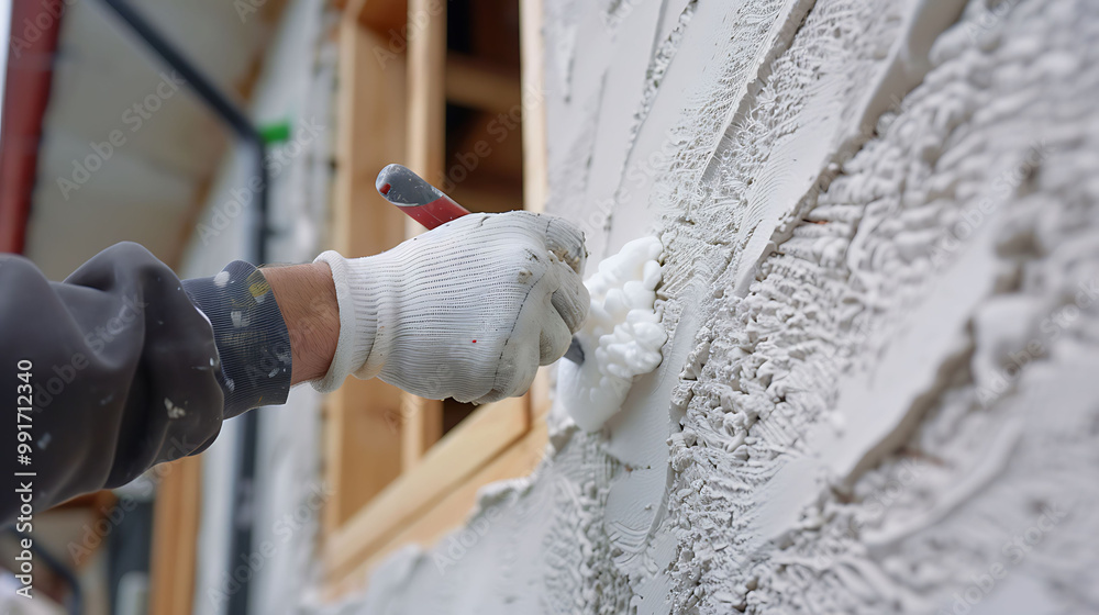 A construction worker in safety gear applying foam insulation to a wooden wall A construction worker in safety gear applying foam insulation to a wooden wall