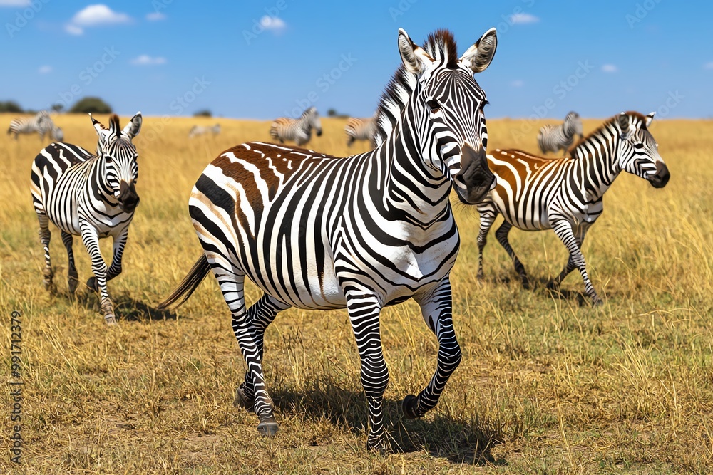 Obraz premium A herd of zebras running through the grasslands, their black-and-white stripes creating a stunning visual against the golden grasses