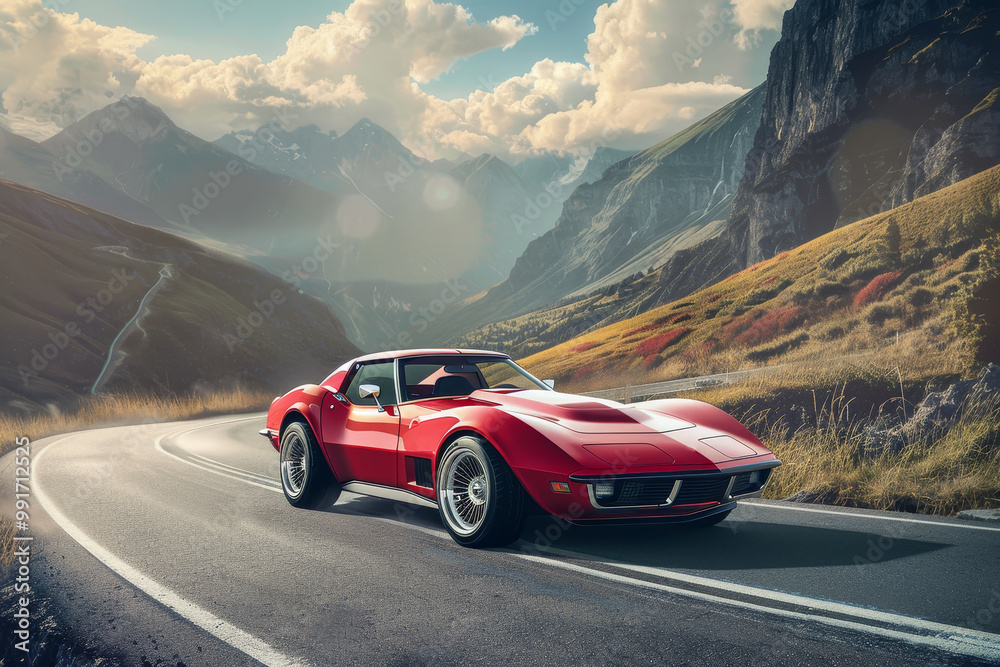 Naklejka premium A red sports car is driving down a mountain road