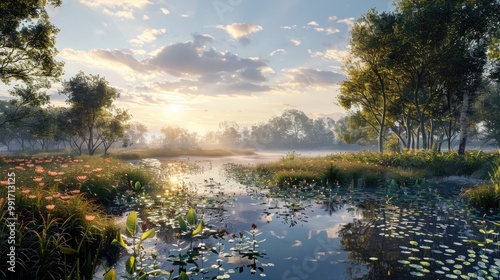 Serene Sunset Over Water Lily Pond with Lush Green Trees
