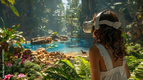 Woman Exploring Virtual Reality Tropical Rainforest Environment