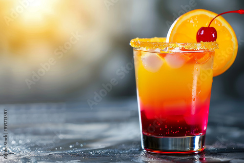 A glass of orange juice with a cherry on top