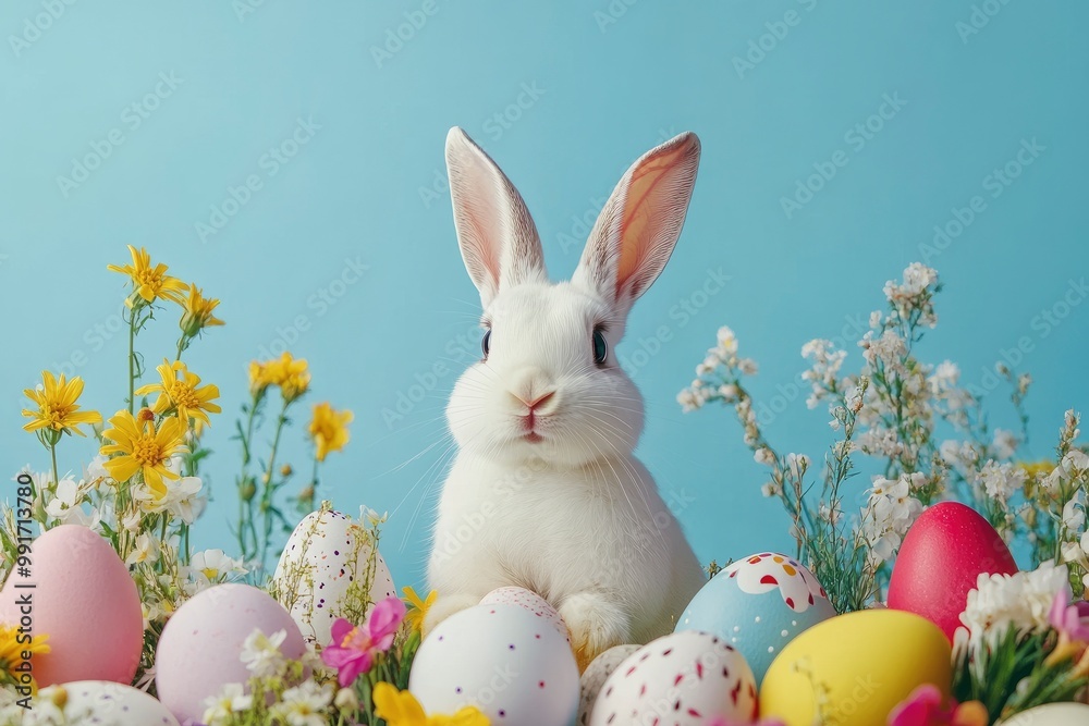 Obraz premium Easter bunny and Easter eggs on a blue background with spring flowers .geneative ai