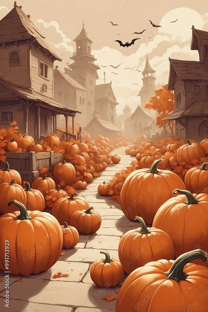 Obraz premium Brown and Orange Halloween Background with Vibrant Pumpkins on a Light Beige Flat Surface