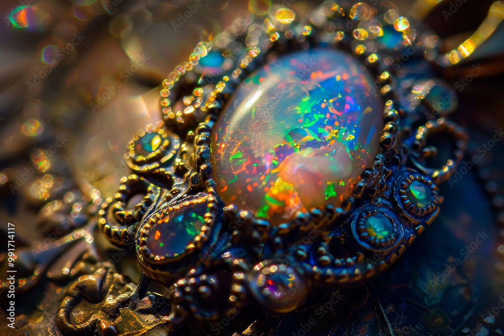 A gold colored gemstone with a blue and green swirl design A gold colored gemstone with a blue and green swirl design