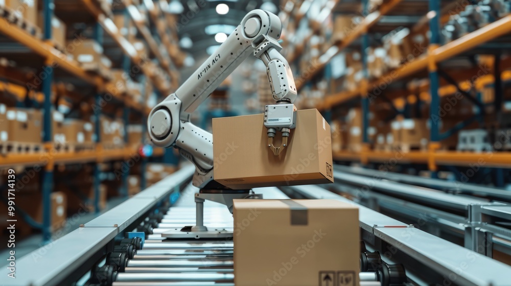 Robotic Arm Moving Cardboard Box on Conveyor Belt in Warehouse Robotic Arm Moving Cardboard Box on Conveyor Belt in Warehouse