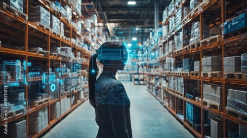 Smart warehouse management system using augmented reality technology to identify package picking and delivery . Future concept of supply chain and logistic business 