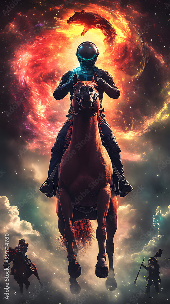 Naklejka premium A Astronaut riding a tall steed, galloping out of the galaxy. The astronaut is wearing a spacesuit, and the steed is very tall and strong. 