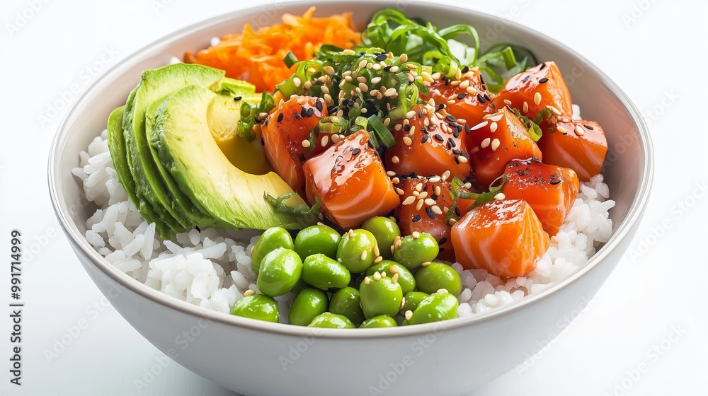 a vibrant poke bowl filled with fresh salmon cubes, creamy avocado slices, edamame, and pickled ginger a vibrant poke bowl filled with fresh salmon cubes, creamy avocado slices, edamame, and pickled ginger