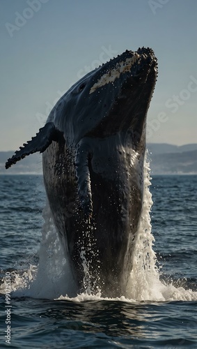 Humpback whale breaching from the ocean.