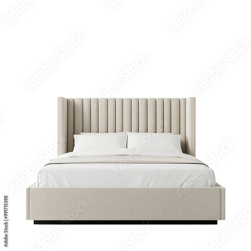 A modern, stylish bed with a plush, padded headboard and a textured base, offering a comfortable and elegant design for any bedroom. photo