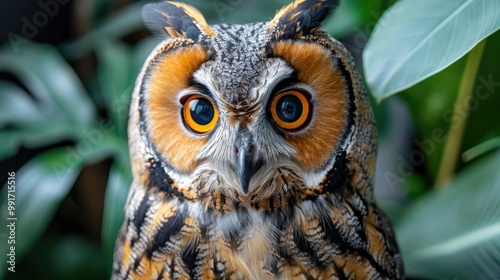 Closeup of a Long eared Owl with Bright Yellow Eyes