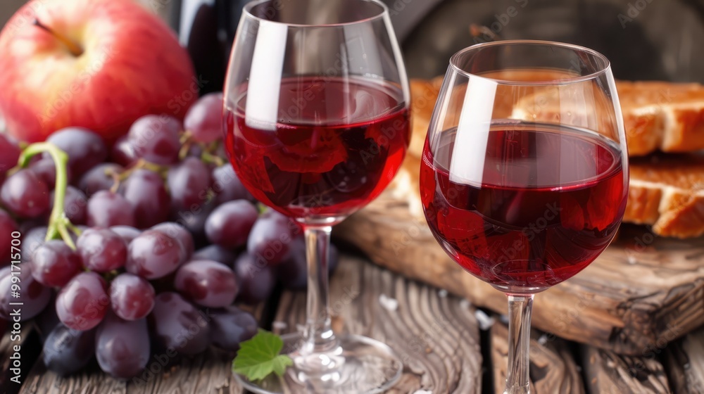Red Wine Glasses with Grapes and Apple on Wooden Table Red Wine Glasses with Grapes and Apple on Wooden Table