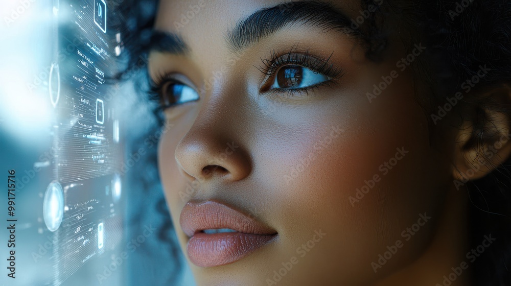 Close-up of a woman's face interacting with AI-driven technology interface, showcasing innovation, futuristic design, and advanced digital interface. Close-up of a woman's face interacting with AI-driven technology interface, showcasing innovation, futuristic design, and advanced digital interface.