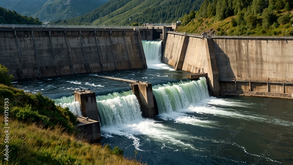Hydro power station showcasing renewable energy in a natural landscape. Hydro power station showcasing renewable energy in a natural landscape.