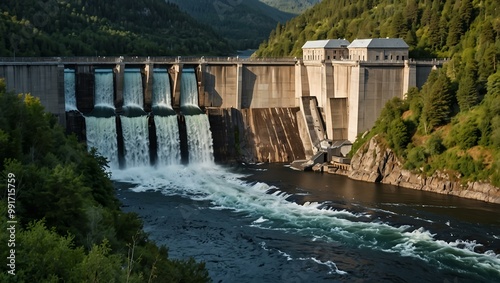 Hydro power station showcasing renewable energy in a natural landscape.