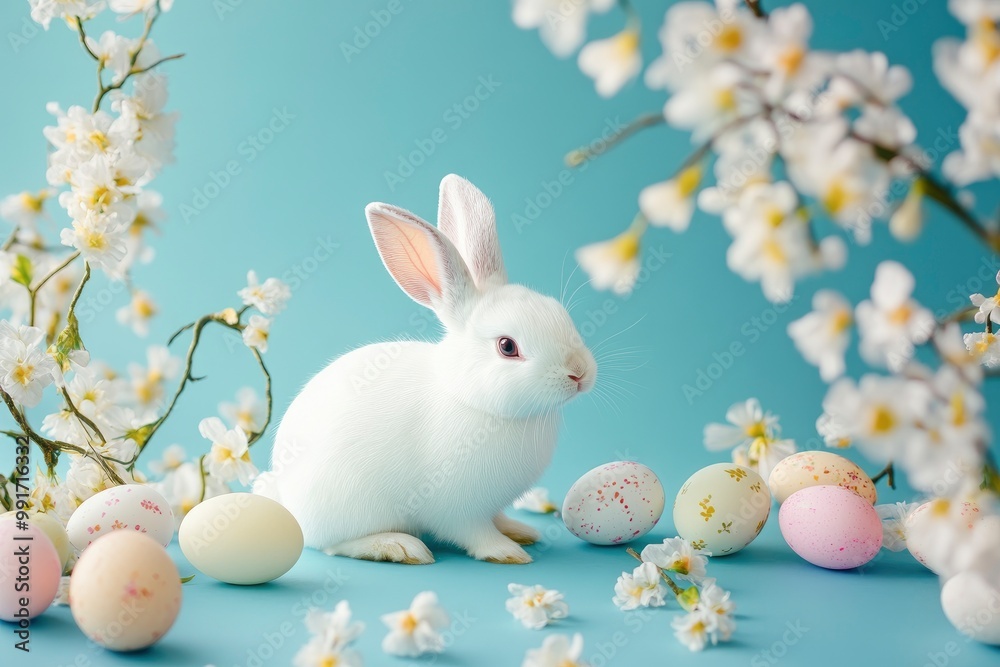 Easter bunny and Easter eggs on a blue background with spring flowers .geneative ai Easter bunny and Easter eggs on a blue background with spring flowers .geneative ai
