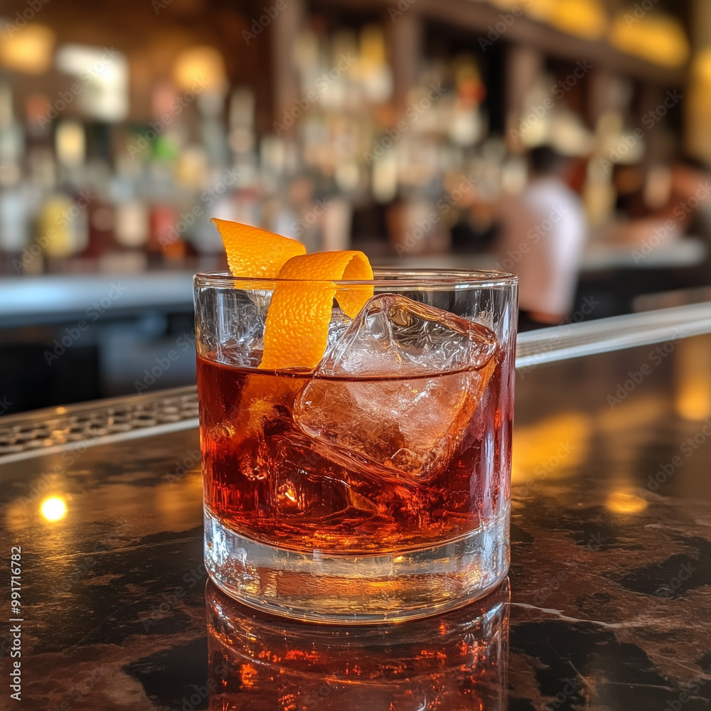 Classic Negroni cocktail with orange garnish at bar counter. Classic Negroni cocktail with orange garnish at bar counter.