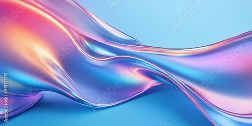 Abstract pink and blue glowing wave with soft gradients, smooth flowing curved line, subtle sparkles on a gradient pastel background.