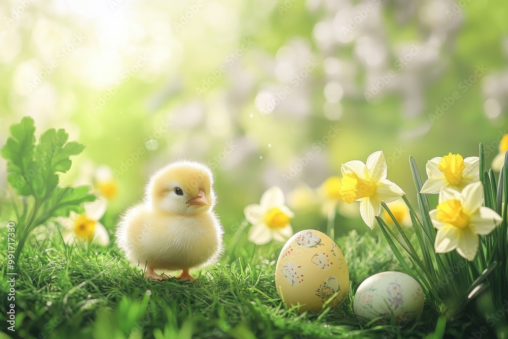Easter eggs, chicks and daffodils in green grass. Happy Easter! Beautiful Easter background .geneative ai Easter eggs, chicks and daffodils in green grass. Happy Easter! Beautiful Easter background .geneative ai