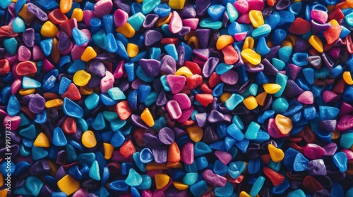 Clear, high-resolution image of colorful plastic granules in different shapes, each with vivid,