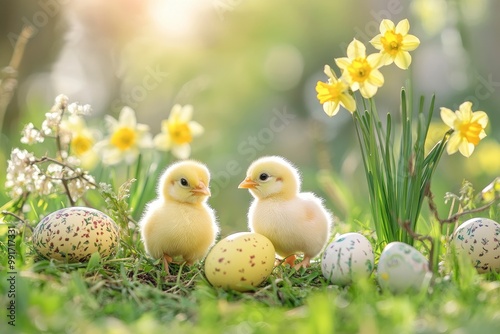 Easter eggs, chicks and daffodils in green grass. Happy Easter! Beautiful Easter background .geneative ai