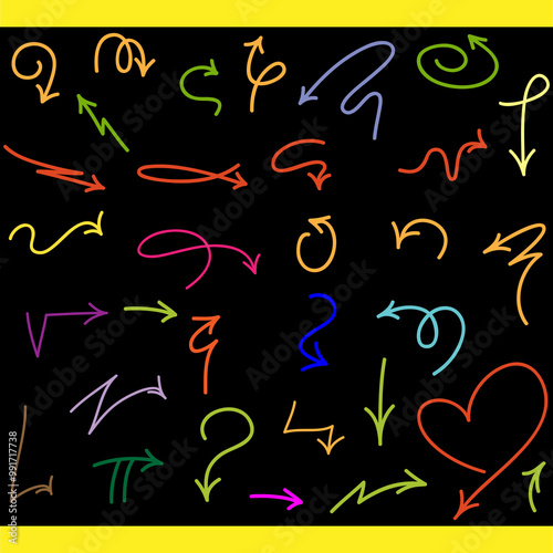 Colorful collection of isolated doodle arrows pointers Vector set of hand drawn arrows isolated.
