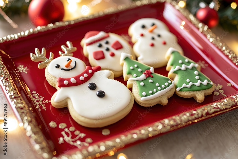 red Plate of festive snowman-shaped Christmas cookies with holiday decorations red Plate of festive snowman-shaped Christmas cookies with holiday decorations