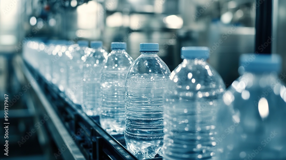 A series of clear water bottles lined up on a conveyor belt in a bottling facility, showcasing modern manufacturing processes. A series of clear water bottles lined up on a conveyor belt in a bottling facility, showcasing modern manufacturing processes.