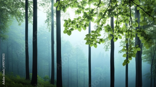 A tranquil scene of a forest bathed in the soft light of dusk, the trees standing tall and silent, the leaves rustling gently in the breeze, whispering secrets in the fading light.