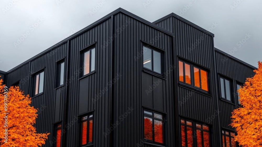 Modern Black Building with Orange Trees in Autumn Modern Black Building with Orange Trees in Autumn