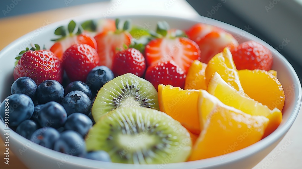 a bowl filled with colorful, ripe fruits like strawberries, blueberries, kiwi slices, and juicy orange wedges a bowl filled with colorful, ripe fruits like strawberries, blueberries, kiwi slices, and juicy orange wedges