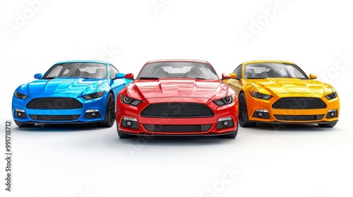Three colorful sports cars parked in a row isolated on white background