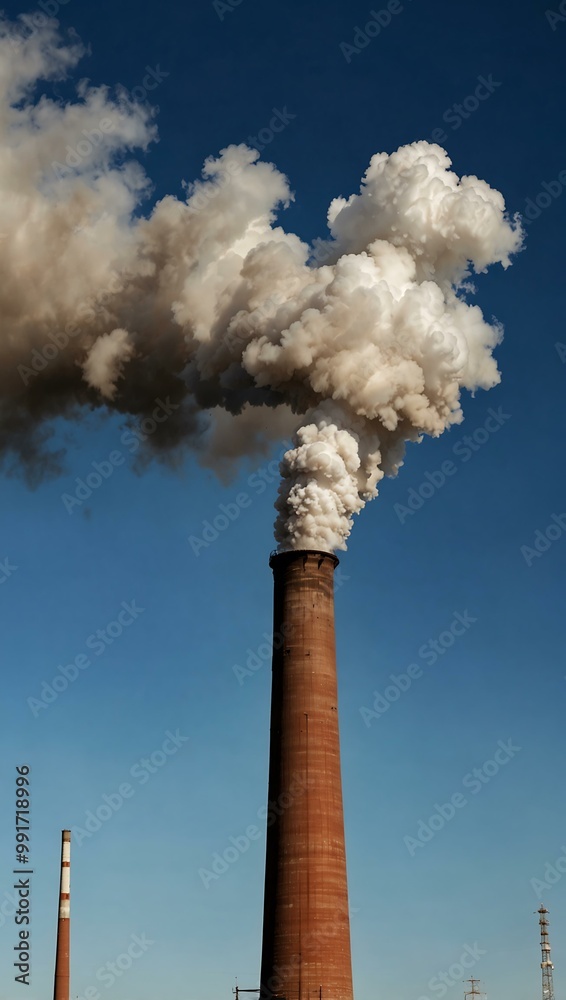 Industrial smokestacks emitting smoke against a blue sky. Industrial smokestacks emitting smoke against a blue sky.